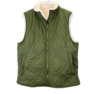 BKE Reversible Quilted Vest Olive Green Faux Fur M Women Full Zip Current NWOT